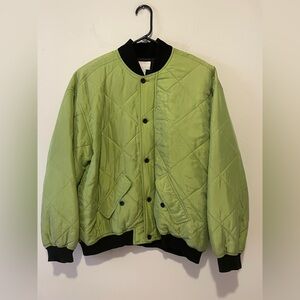 CACHE Vtg Silk Green Quilted Bomber Jacket. Side Pockets, Front Zipper. Size L.